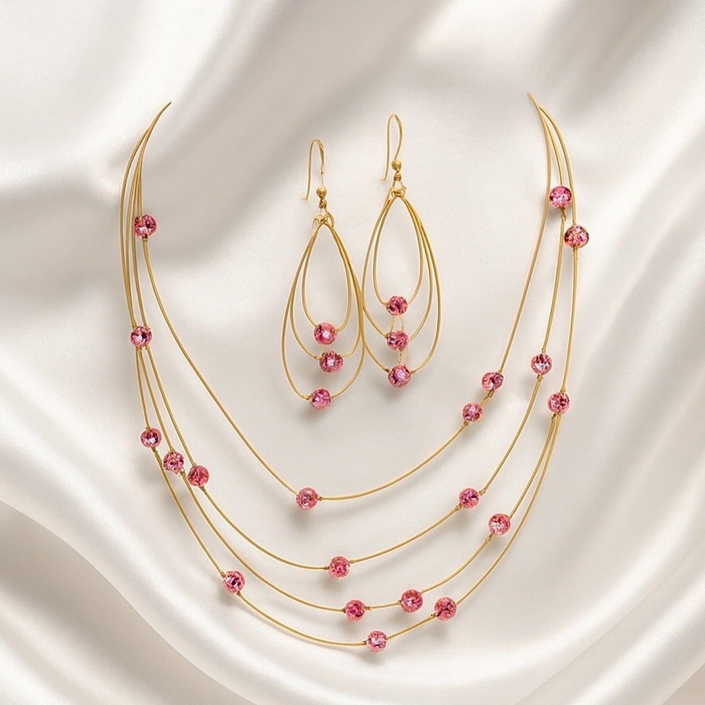 Women Gold multi strand Pink Crystal Statement Necklace & Earrings - Jewelry